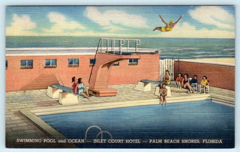 3 Postcards PALM BEACH SHORES, Florida FL ~ INLET COURT HOTEL Pool c1940s