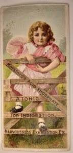 Trade Card Fold Out - Horsford's Acid Phosphate tonic - Girl climbing fence