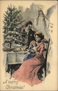 Christmas Happy Family Mom Dad Little Girl Angel Hand Colored Postcard c1910