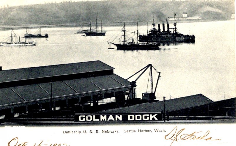 Seattle, Washington - Battleship U.S.S. Nebraska coming in to Colman Dock - 1907