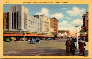 Linen Postcard Washington Street East from City Hall in Phoenix, Arizona