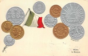 MEXICO SILVER & GOLD COINS FLAG EMBOSSED PATRIOTIC POSTCARD 1908