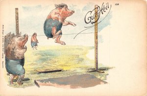 L348 Humanized Pigs sport jump Gut-Heil litho comic vintage postcard