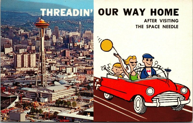 Vtg Seattle WA Threadin' Our Way Home Space Needle 1960s Comic View Postcard