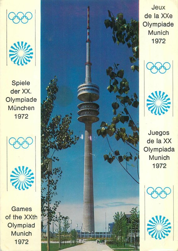 1972 Olympiade Postcard Germany Munchen Radio Tower and Skating Hall