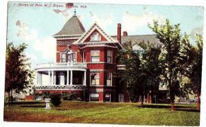 Old LINCOLN Nebraska Nebr Postcard W J BRYAN HOME Ne