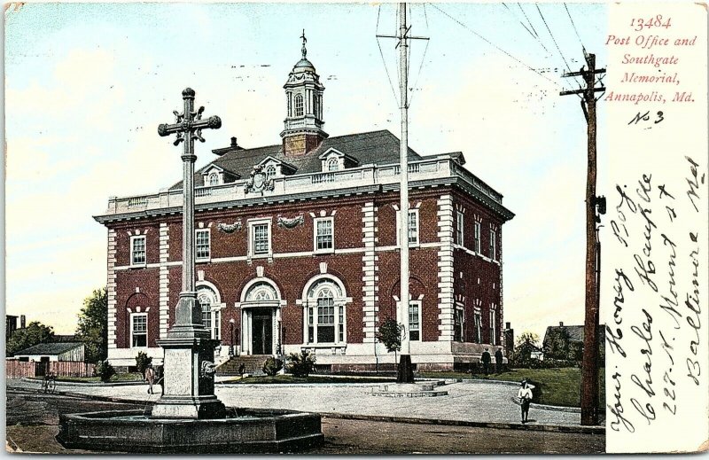 1908 Annapolis MD Post Office and Southgate Memorial Early Undivided Back 14-11