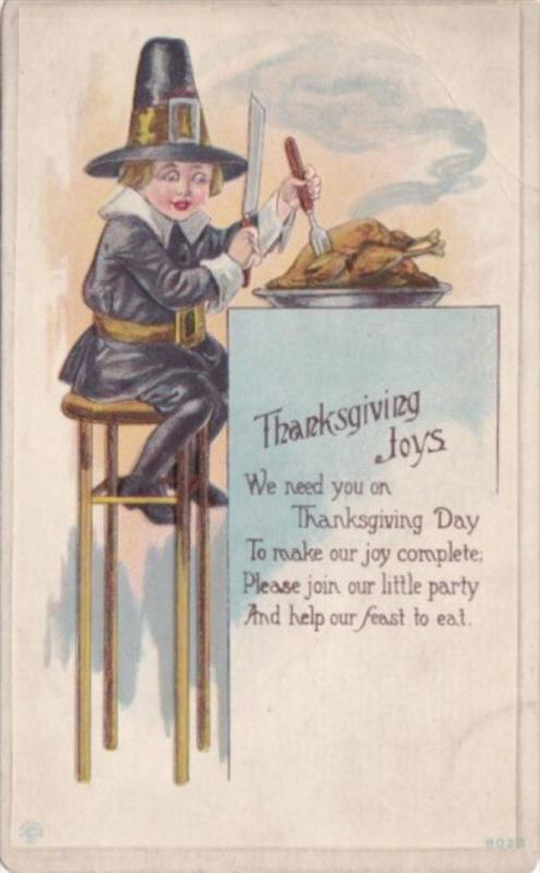 Thanksgiving Young Pilgrim Eating Turkey