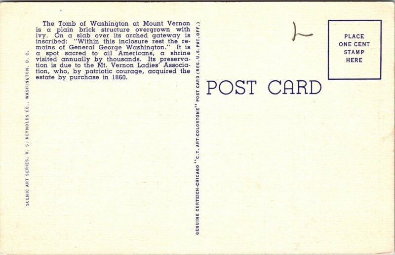 Washington Tomb Mount Vernon VA Virginia Linen Postcard VTG UNP Curteich Vintage 