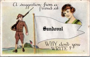 Postcard Pennant IL Sandoval soldier Suggestion from friend why don't you write