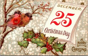 Postcard Christmas Two birds on tree branch holly calendar and snow