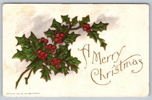 A Merry Christmas, Holly, Antique 1907 Embossed Rose Company Greeting Postcard