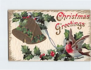 Postcard Christmas Greetings with Birds Bell Hollies Embossed Art Print
