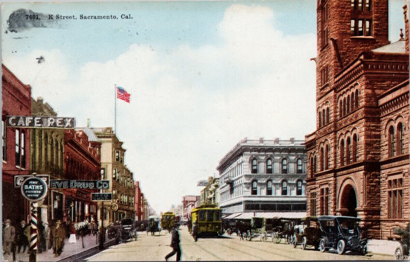 K Street Sacramento CA California Cafe Rex USA Flag c1910 Postcard G6 