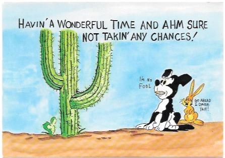 US Mint postcard show Saguaro Cactus with a dog and a rabbit.