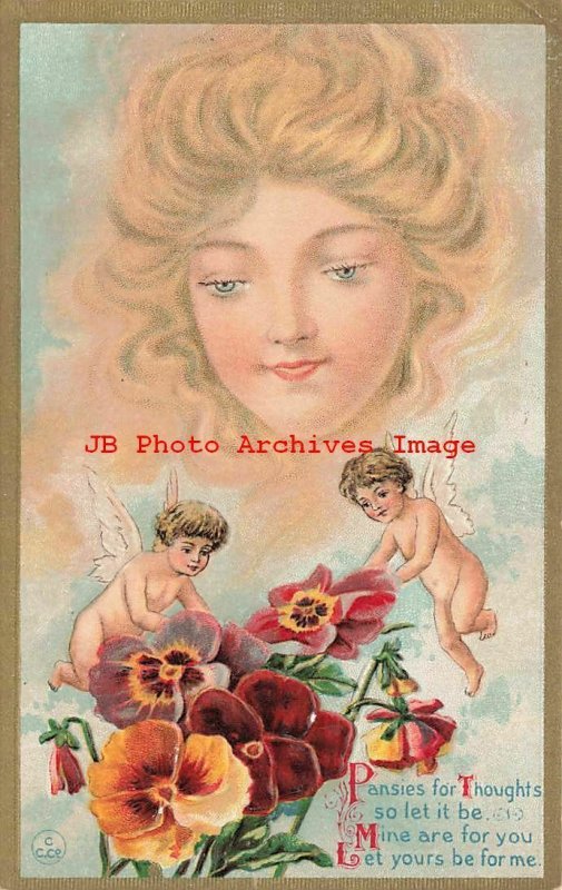 6 Fantasy Postcards, Kaplan No 57, Woman's Head in Clouds, Cupid with Flowers