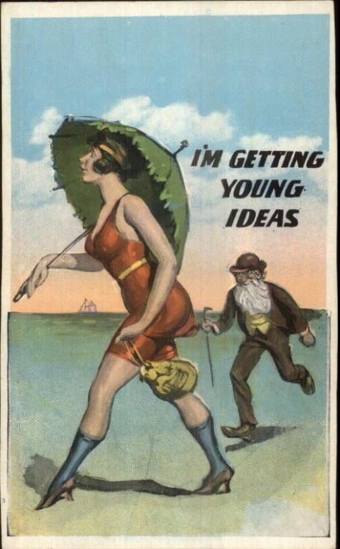 Large Breasted Bathing Beauty 1920s Flapper Girl & Old Man on Beach Comic PC