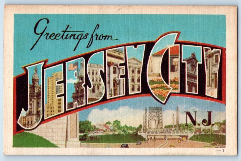 1940 Jersey City New Jersey NJ Vintage Postcard Greetings Big Letters Multiview