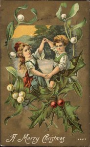 Christmas Little Boy and Girl Dancing Mistletoe Border c1910 Vintage Postcard