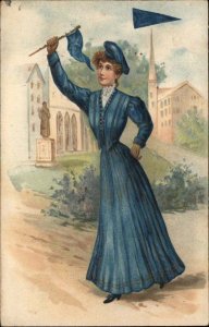 Beautiful Young Woman in Blue with Pennant Flag c1910 Vintage Postcard