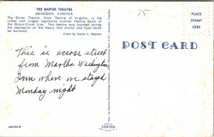 Barter Theatre Abingdon Virginia VA Postcard VTG UNP WOB Note Dexter Vintage 