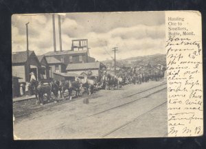 BUTTE MONTANA HAULING ORE TO SMELTER HORSE DRAWN WAGONS VINTAGE POSTCARD 1906