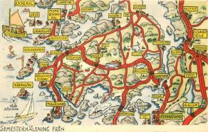 1950s Sweden Map Attractions Postcard linen 12394