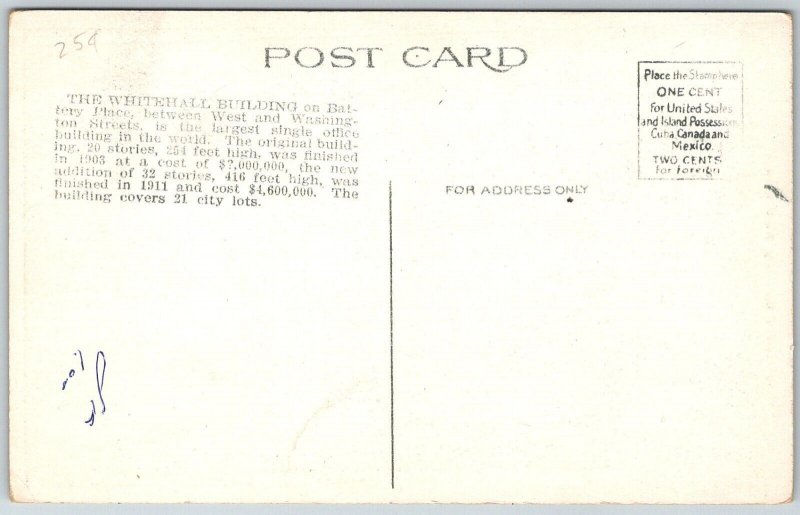 New York City NY c1915 Postcard Whitehall Building