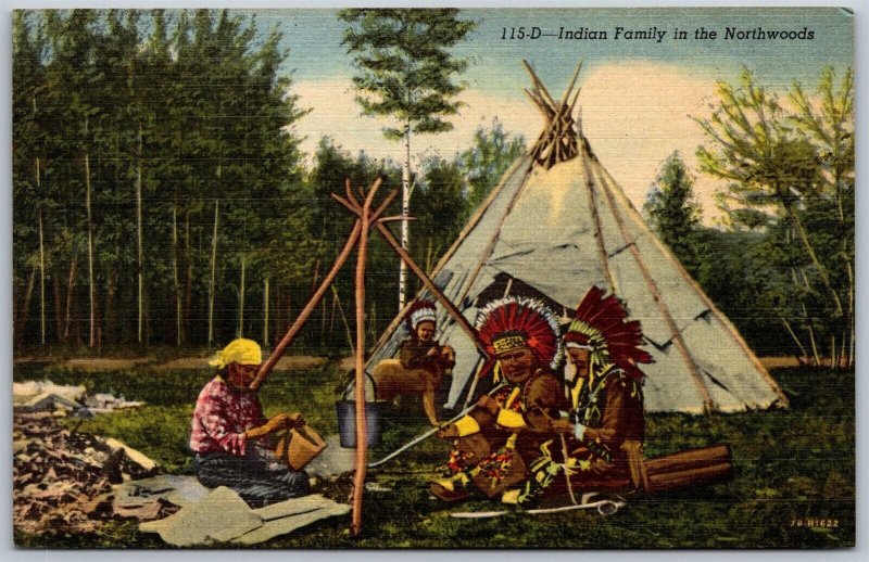 Vtg Native American Indian Family in the Northwoods Teepee 1940s Linen Postcard