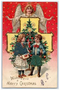 c1910's Christmas Tree Angel Children With Toys Jester Clown Embossed Postcard