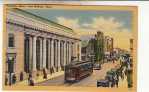 P1866 old postcard busy purchase street new bedford mass trolly and old cars etc