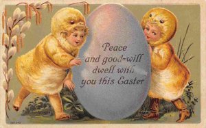 Children Dressed Chicks Egg Peace Happy Easter Greetings 1908 postcard