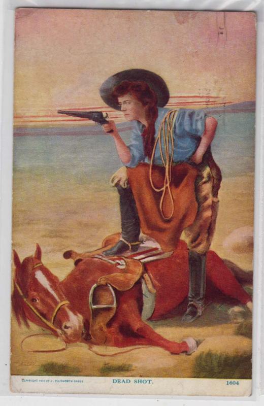 Cowgirl with a Pistol and Horse Down, Dead Shot