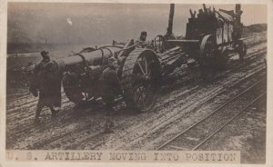 RPPC U.S. ARTILLERY MOVING INTO POSITION WW1 MILITARY REAL PHOTO POSTCARD c 1919