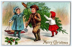 1908 Christmas Children Cut The Pine Tree Ax Holly Berries H. I. Robins Postcard 