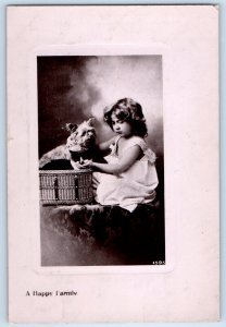 1909 Little Girl And Terrier Dog Basket A Happy Family Butte Montana MT Postcard
