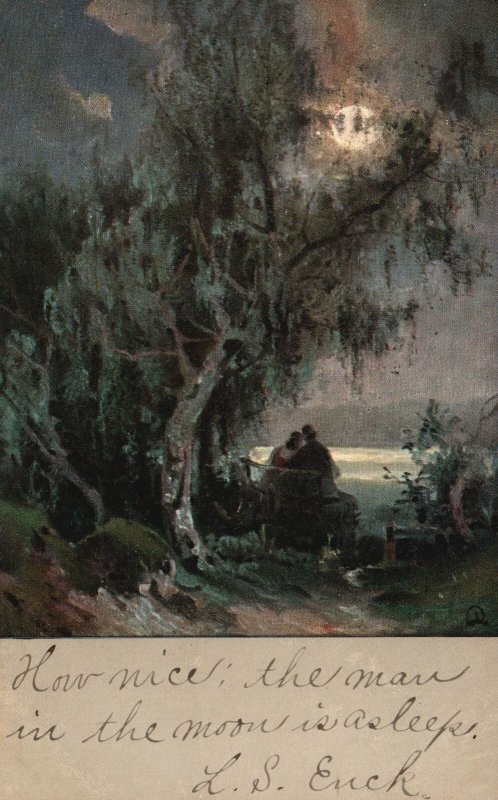 ?Vintage Postcard 1906 Couple Lovers Under The Tree Full Moon Romance Artwork