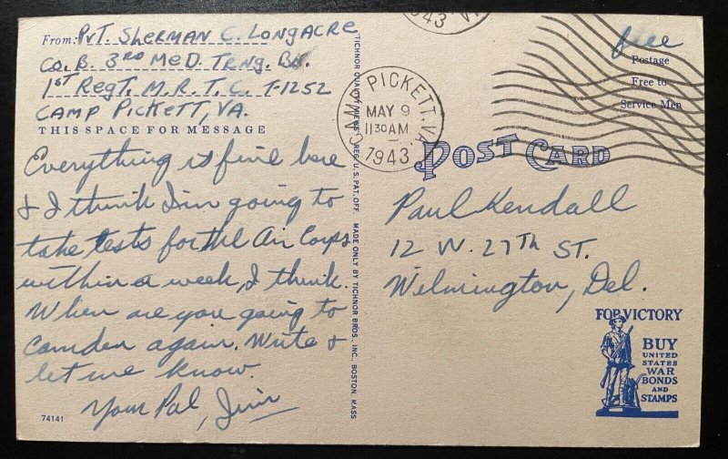 Vintage Postcard 1943 Service Club, Camp Pickett, Blackstone, Virginia (VA)