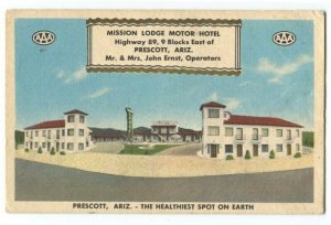 100411 MISSION LODGE MOTEL PRESCOTT AZ ARIZONA VINTAGE LINEN POSTCARD