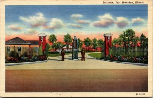 Vtg 1940s Fort Sheridan Army Base Soldiers Gate Illinois IL Linen Postcard