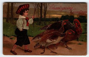Thanksgiving Postcard Victorian Child Wild Turkeys Embossed Germany PFB 8429