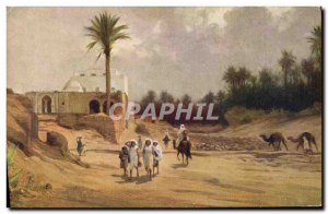 Old Postcard Fantasy Orientalism Oasis with date palm forest