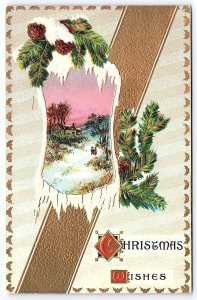 Christmas Wishes Greetings Card Winter Snow House Countryside Vintage Postcard
