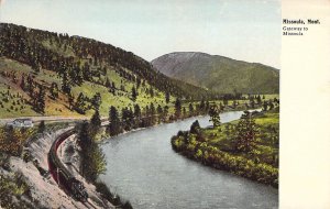 Missoula, MT, View of Gateway to Missoula, Train, River, Old Postcard