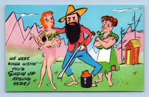 Comic Hillbilly Shotgun Wedding Wish'n You'd Show Up UNP Linen Postcard Q10