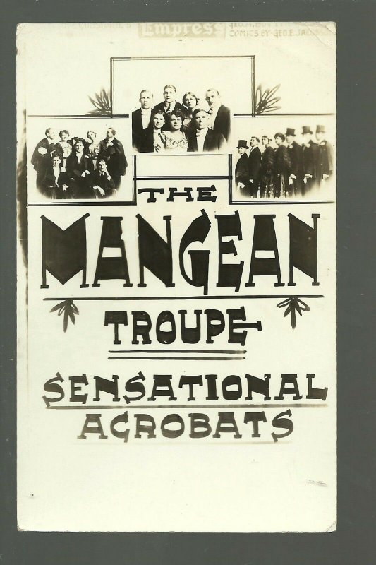 RPPC 1910 ACROBAT TROUPE Mangean Acrobats ADVERTISING Circus VAUDEVILLE Ad