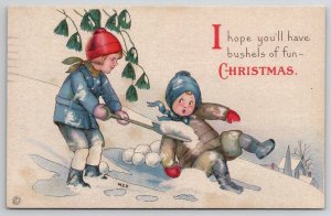 Christmas Greeting Children Playing Snow Snowballs Postcard U26