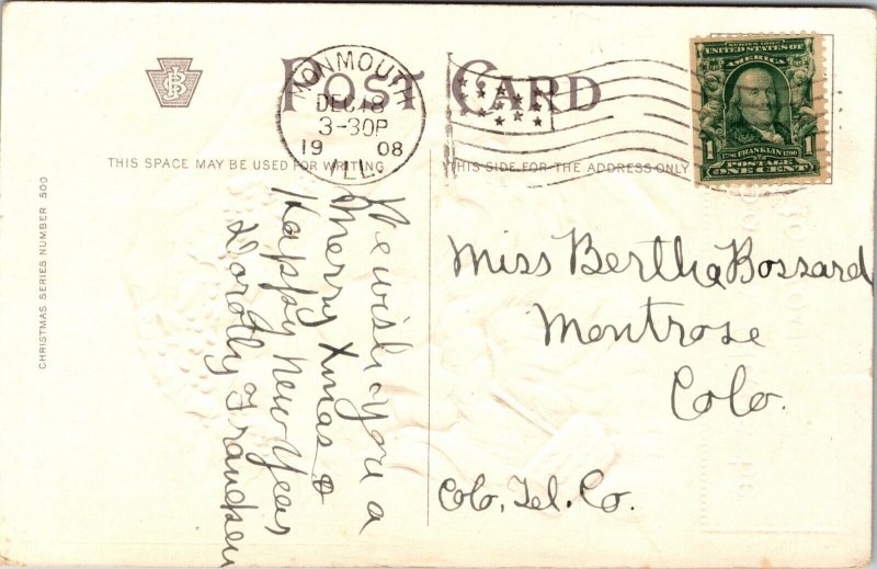 Christmas Postcard Jolly Santa Claus Smoking Corn Cob Pipe Wearing