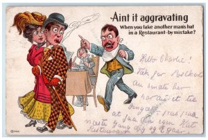 1908 Man Cigar Smoke Aggravating Taking Hat Restaurant Clinton Iowa IA Postcard 