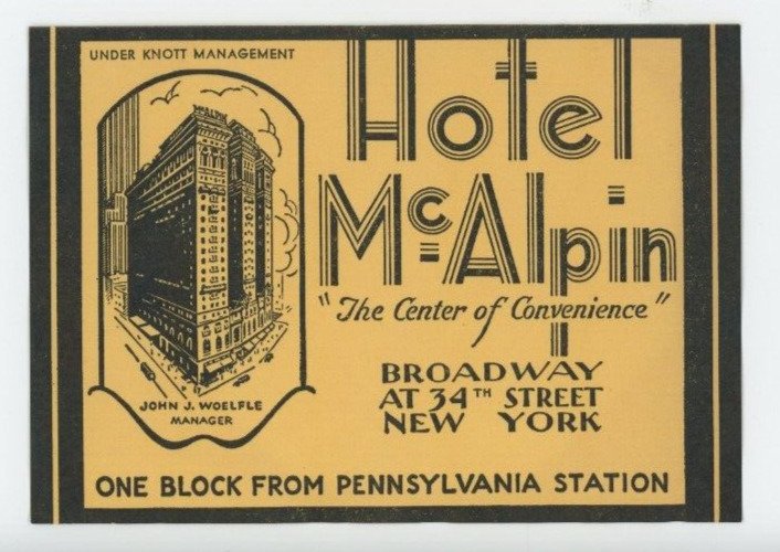 1930's-40's Hotel McAlpin New York Luggage Label EVN2